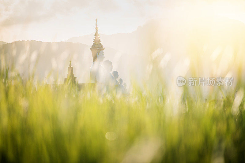 自然日落绿色草地前景与佛像安装在Wat Prathat Phasornkaew Petchabun省泰国最吸引游客的地方